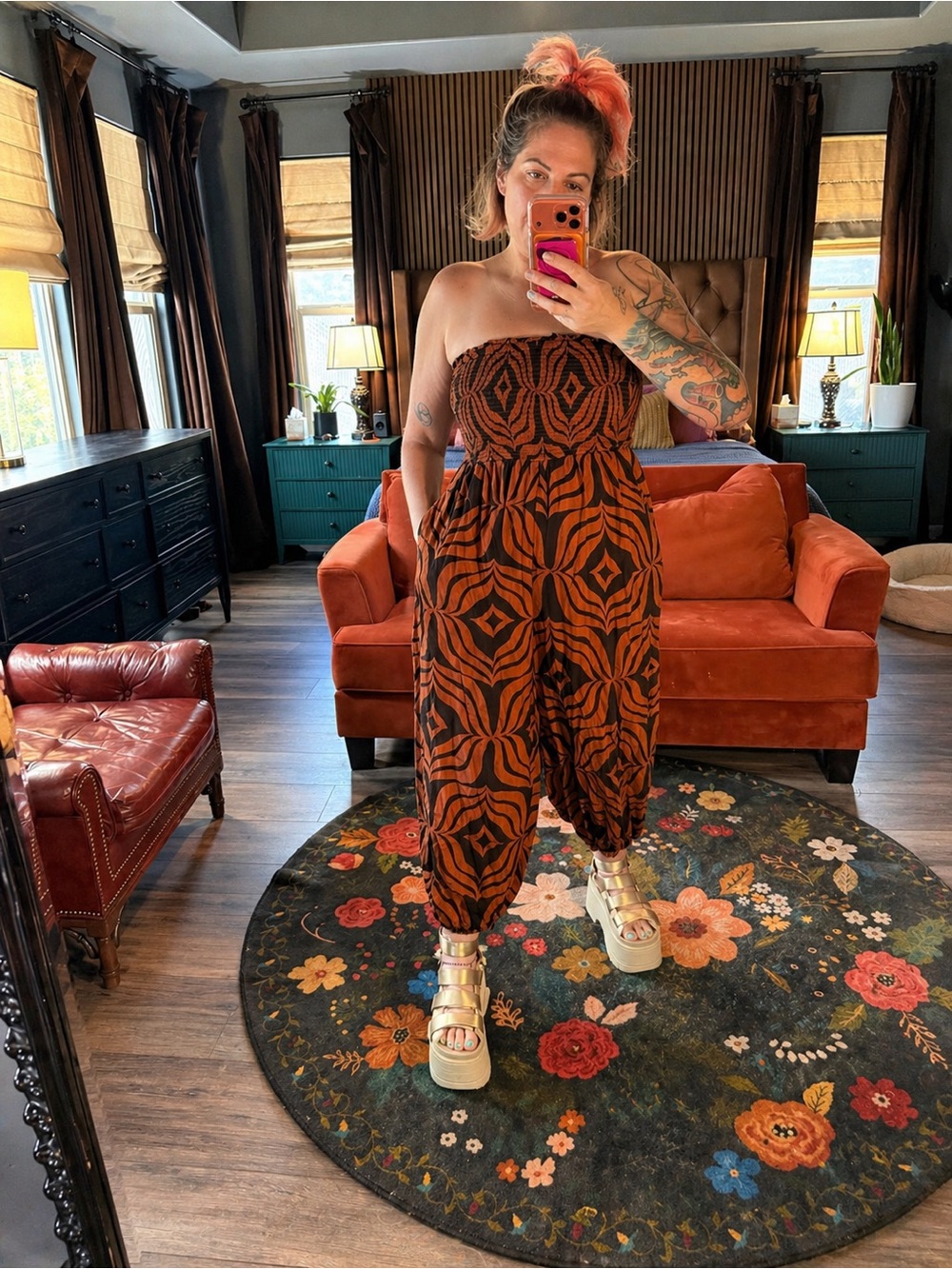 Anthropologie Rust and Black Strapless Geo Smocked Jumpsuit